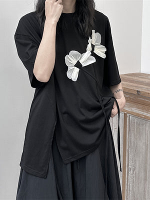 Women's Black T-shirt White Flower Ruffles