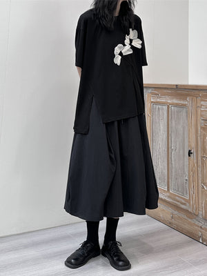Women's Black T-shirt White Flower Ruffles
