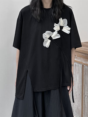 Women's Black T-shirt White Flower Ruffles