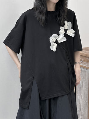 Women's Black T-shirt White Flower Ruffles