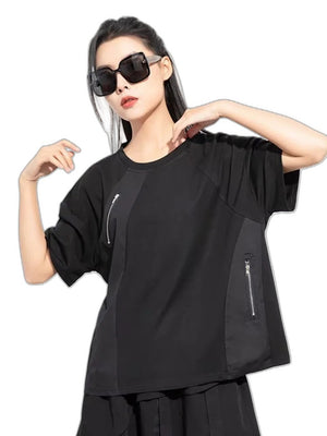 Women's Black Zipper T-shirt with Round Neck - product view on white background