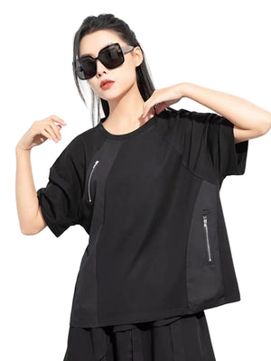 Women's Black Zipper T-shirt with Round Neck