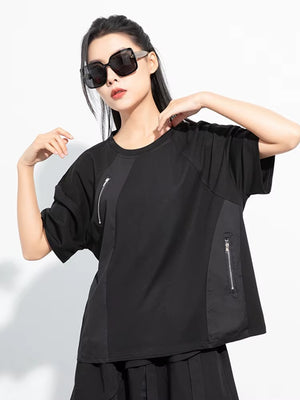 Women's Black Zipper T-shirt with Round Neck