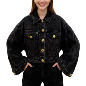 Women's Denim Black Jacket - product view on white background
