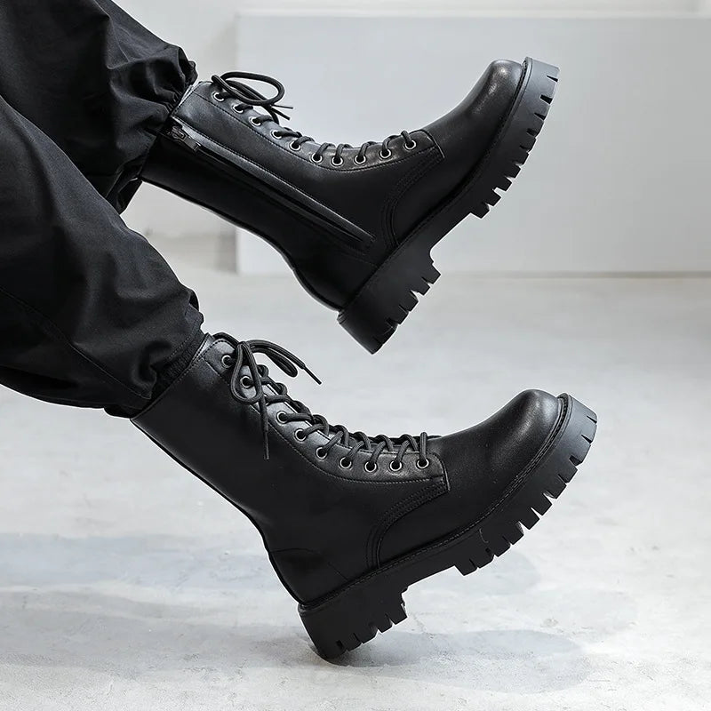 Black patient patent military lace best sale up boots with chunky sole