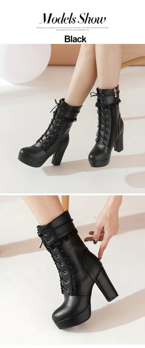 Womens Short Black Lace Up Boots