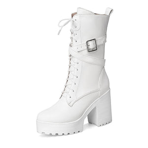 Women's Soft PU Leather White Platform Boots