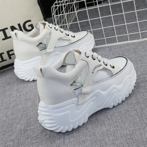 Womens White Leather Platform Sneakers