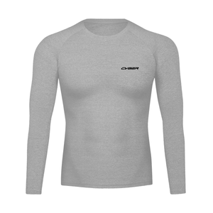 Flecking Gray Workout Long Sleeve Compression Shirt laid flat, front view with a black CYBER wordmark