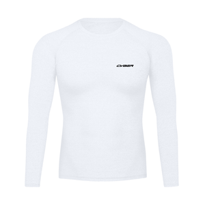 White Workout Long Sleeve Compression Shirt laid flat, front view with the small black CYBER logo