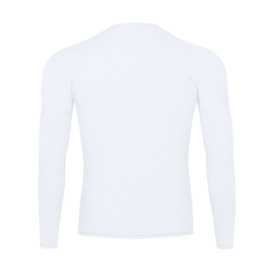 White long sleeve compression shirt laid flat from the back, plain back with long raglan sleeves