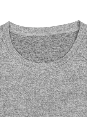 Close-up of the crew neck on the Flecking Gray workout compression shirt, speckled heather stretch knit