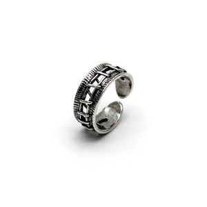 Wound Stitches Gothic Ring, angled view on white of the open shank and the stitched scar detail