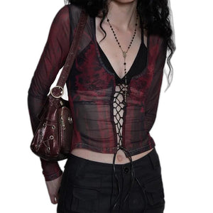 Y2K Aesthetics Mesh Top Tattoo Print - product view on white background