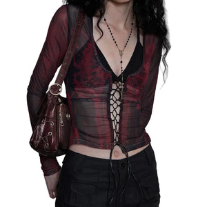 Y2K Aesthetics Mesh Top Tattoo Print