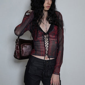 Y2K Aesthetics Mesh Top Tattoo Print