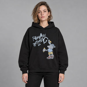 Y2K Cartoon Hoodie Black – worn by a woman