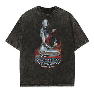 Y2K Cyber Graphic T Shirt in washed black, front view with the chrome robot and Reckless Love print