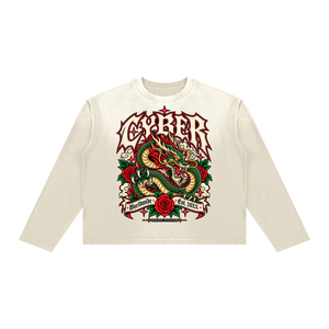 Apricot Y2K Dragon Long Sleeve Tee laid flat, green dragon and red roses printed across the chest