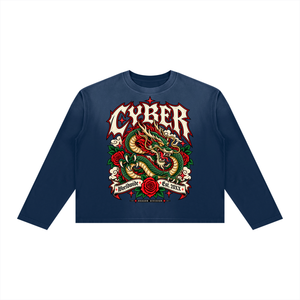 Navy blue colourway laid flat, the dragon and rose artwork printed over a deep indigo body