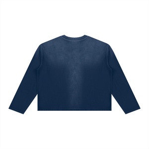 Back view of the navy long sleeve tee, plain panel with the faded gradient running down the sleeves