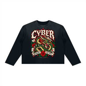 Black colourway of the dragon long sleeve tee, bright red and green artwork against washed black