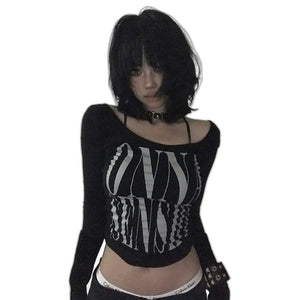 Y2k Long Sleeve Gothic Black Tops - product view on white background