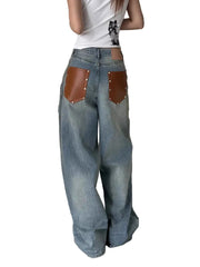 Y2K PU Leather Patchwork Jeans Women's