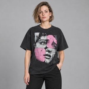 Y2K Puzzle Face Graphic Tee – worn by a woman