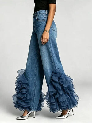 Y2K Ruffle Hem Blue Jeans Women's