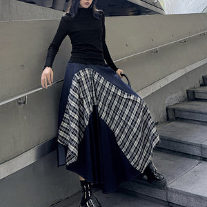 Y2K Set Turtleneck Top and Patchwork Plaid Skirt