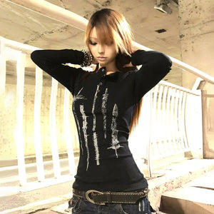 Y2K Tattoo Print Knitted Tops Black