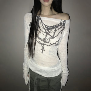 Y2k Tattoo Print Knitted Tops