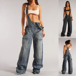 Zip Denim Y2K Overalls in mid blue, full front view with two small washed black views inset