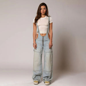 Zip Denim Y2K Overalls in light blue wash, studio front view over a white tee with trainers