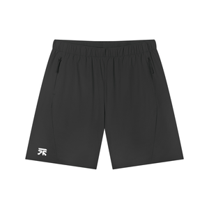 Black basketball shorts laid flat, front view with two zip pockets and a small white logo on the leg
