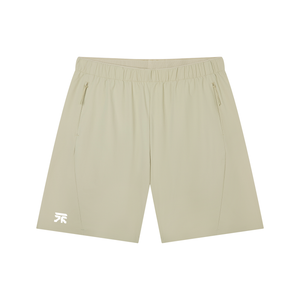 Bean Green basketball shorts laid flat, front view with zip pockets, panel seams and white leg logo