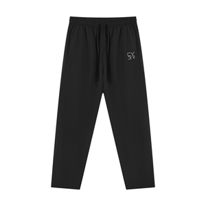 Black Zip Pocket Gym Sweatpants laid flat, front view with black drawstring and small light logo