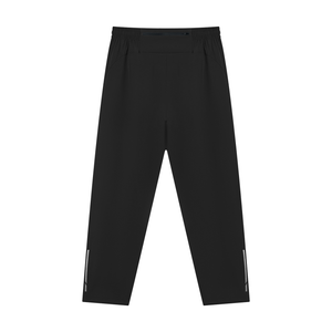 Black gym joggers laid flat from the back, zip pocket under the waistband and strips at the ankles
