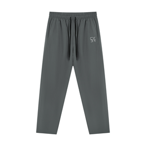 Gray Zip Pocket Gym Sweatpants laid flat, front view with black drawstring, side pockets and small logo