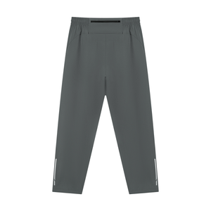Gray gym joggers laid flat from the back, black zip pocket at the waist and thin strips by the ankles