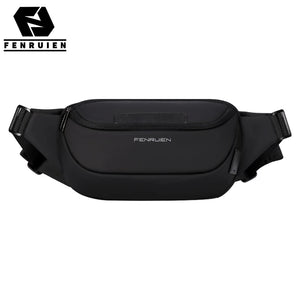 Black waist bag with a single zip and a wide webbing belt