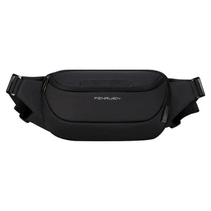 Black waist bag with a single zip and a wide webbing belt