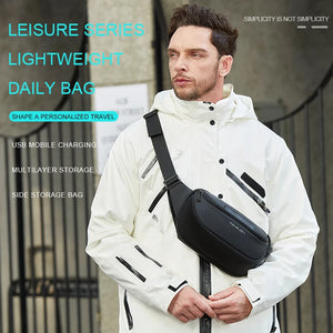 Black waist bag with a single zip and a wide webbing belt