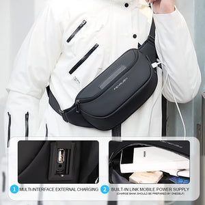 Black waist bag with a single zip and a wide webbing belt