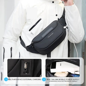 Black waist bag with a single zip and a wide webbing belt