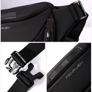 Black waist bag with a single zip and a wide webbing belt