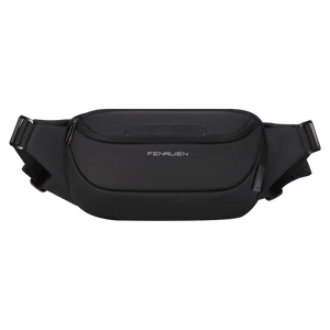 Black waist bag with a single zip and a wide webbing belt