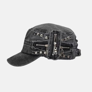 Vintage Rivet Hip Hop Punk Zippers Baseball Cap Men Women Ripped Hole Distressed Hat Washed Retro Flat Cap