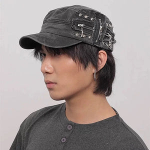 Vintage Rivet Hip Hop Punk Zippers Baseball Cap Men Women Ripped Hole Distressed Hat Washed Retro Flat Cap